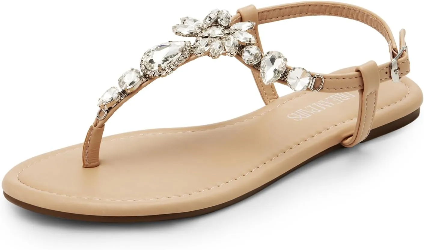 DREAM PAIRS Flat Sandals for Women Dressy Rhinestone T-Strap Thong Flat Sandals for Summers Dress Beach