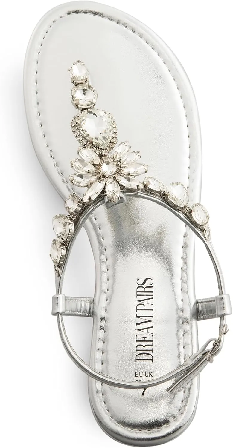 DREAM PAIRS Flat Sandals for Women Dressy Rhinestone T-Strap Thong Flat Sandals for Summers Dress Beach