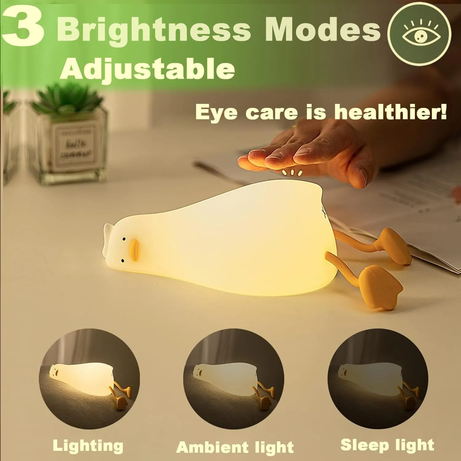 DREAMING MY DREAM Cute Duck Night Light,Rechargeable Fun Lying Flat Duck Lamp,LED Squishy Animal Novelty Lamp,Light up Duck for Kids Great Gift,3 Level Dimmable Nursery Nightlight Touch Lamp