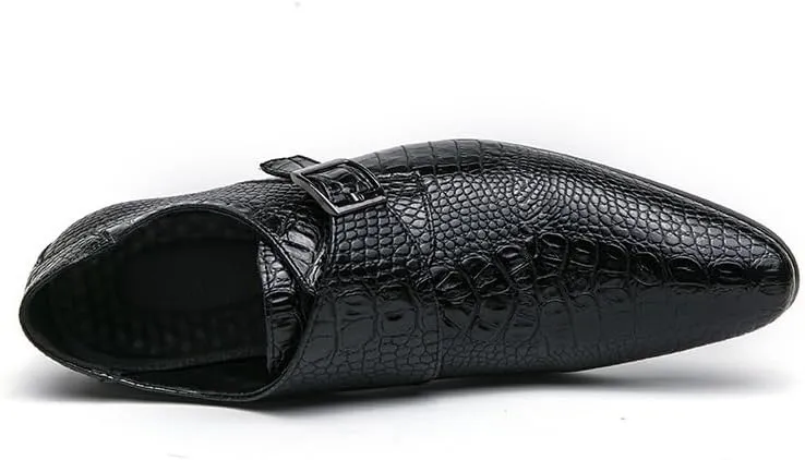 Dress Oxford Shoes for Men Slip On Pointed Burnished Toe Faux Leather Crocodile Print Monk Strap Block Heel Rubber Sole Low Top Non Slip Anti-Slip