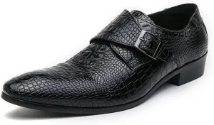Dress Oxford Shoes for Men Slip On Pointed Burnished Toe Faux Leather Crocodile Print Monk Strap Block Heel Rubber Sole Low Top Non Slip Anti-Slip