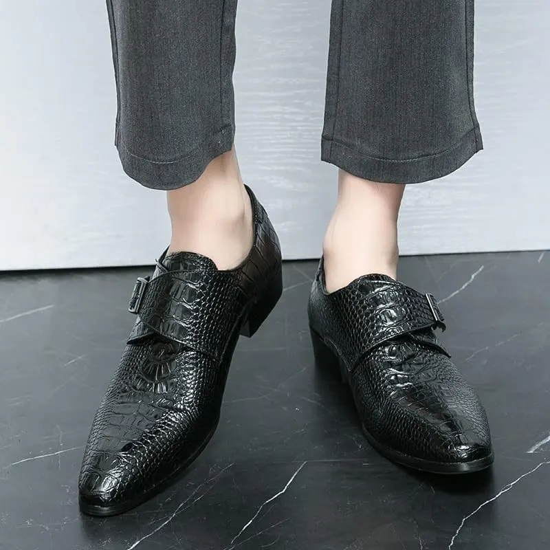 Dress Oxford Shoes for Men Slip On Pointed Burnished Toe Faux Leather Crocodile Print Monk Strap Block Heel Rubber Sole Low Top Non Slip Anti-Slip