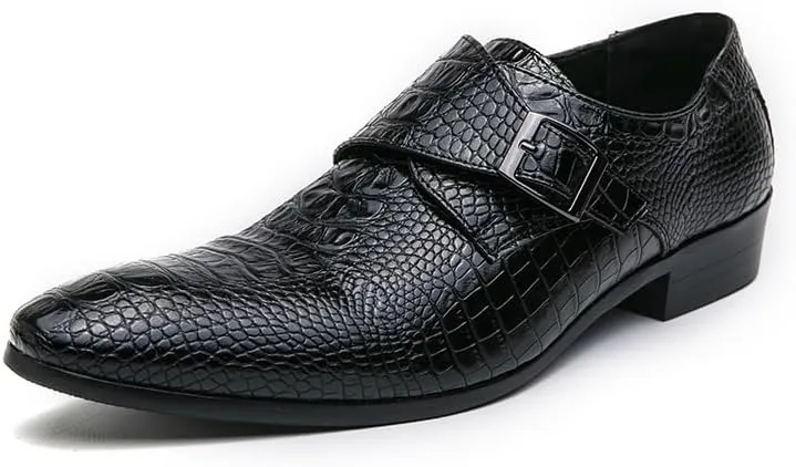 Dress Oxford Shoes for Men Slip On Pointed Burnished Toe Faux Leather Crocodile Print Monk Strap Block Heel Rubber Sole Low Top Non Slip Anti-Slip