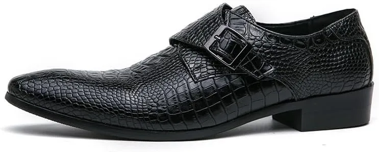 Dress Oxford Shoes for Men Slip On Pointed Burnished Toe Faux Leather Crocodile Print Monk Strap Block Heel Rubber Sole Low Top Non Slip Anti-Slip