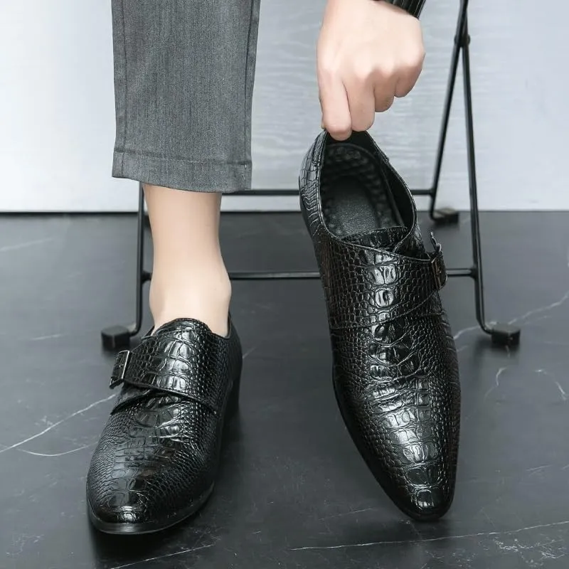 Dress Oxford Shoes for Men Slip On Pointed Burnished Toe Faux Leather Crocodile Print Monk Strap Block Heel Rubber Sole Low Top Non Slip Anti-Slip