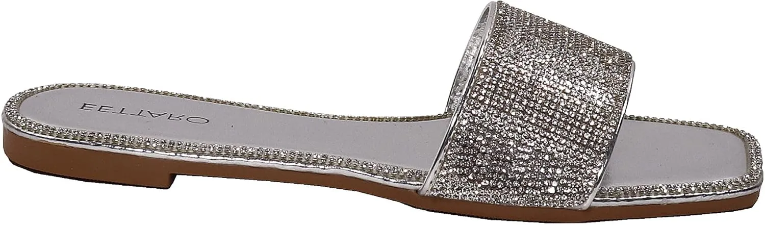 EETTARO Women's Glitter Shiny Slide Sandals Sparkle Fancy Flat Slippers Slip-on Jeweled Shoes