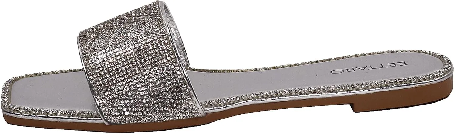 EETTARO Women's Glitter Shiny Slide Sandals Sparkle Fancy Flat Slippers Slip-on Jeweled Shoes