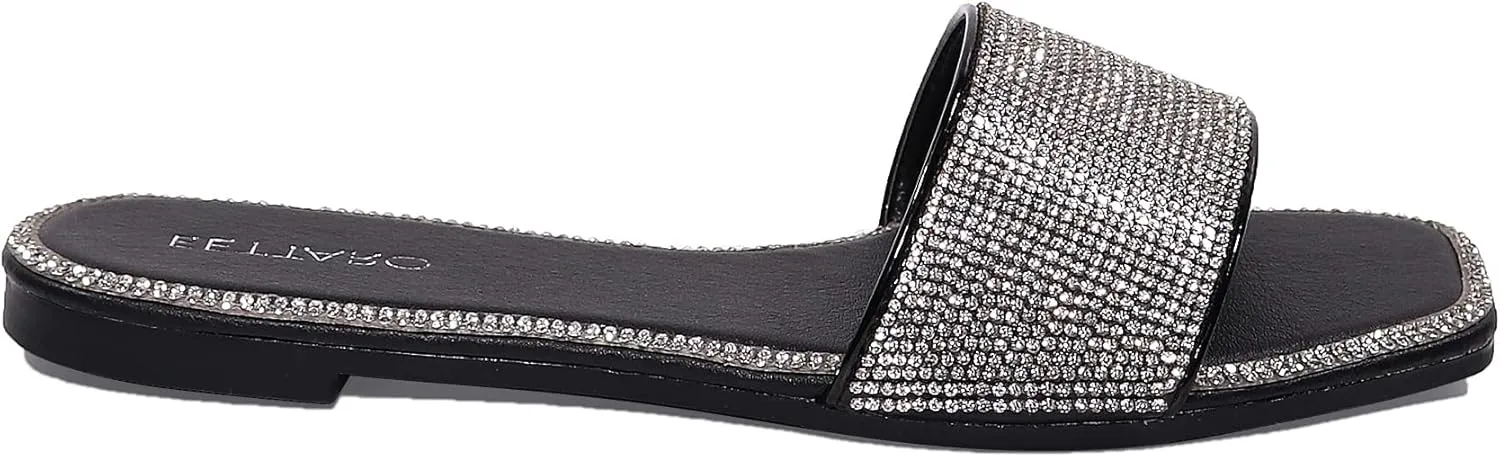 EETTARO Women's Glitter Shiny Slide Sandals Sparkle Fancy Flat Slippers Slip-on Jeweled Shoes