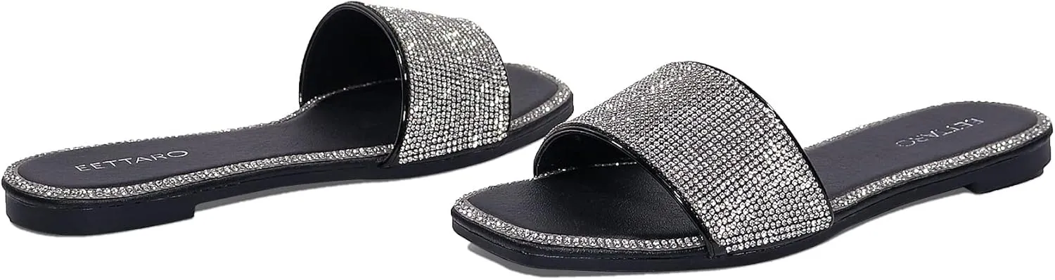 EETTARO Women's Glitter Shiny Slide Sandals Sparkle Fancy Flat Slippers Slip-on Jeweled Shoes