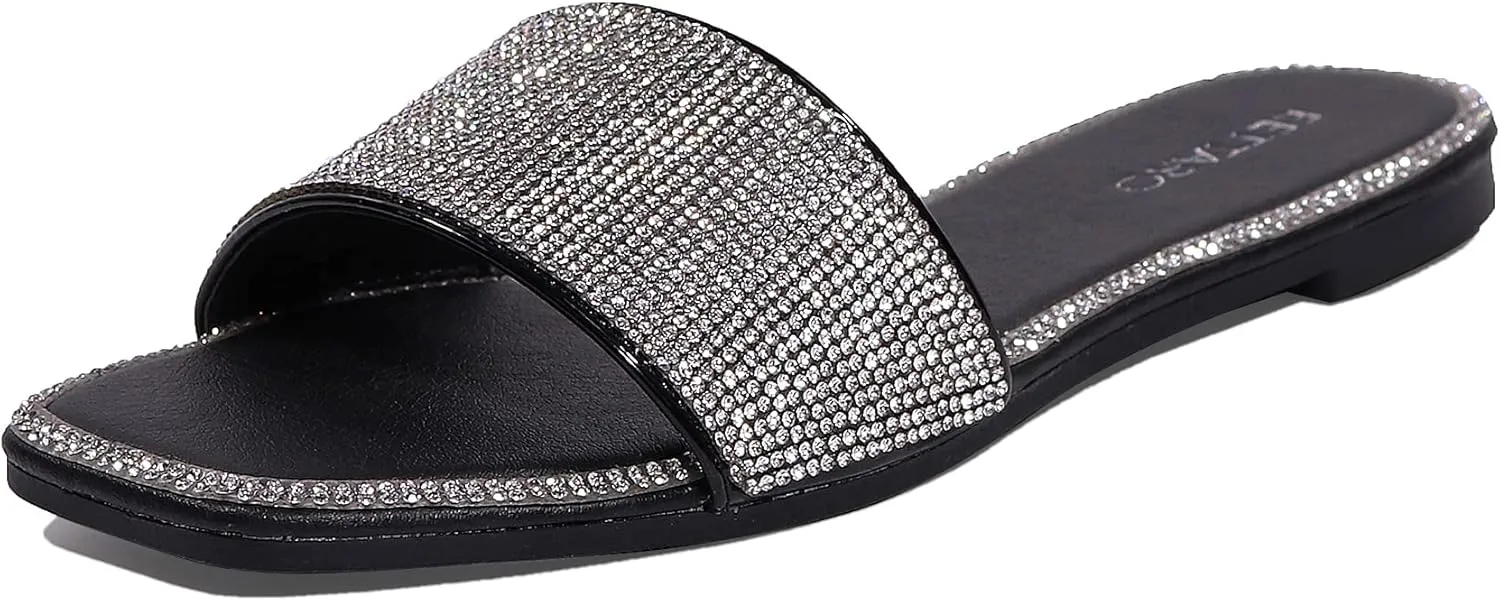 EETTARO Women's Glitter Shiny Slide Sandals Sparkle Fancy Flat Slippers Slip-on Jeweled Shoes