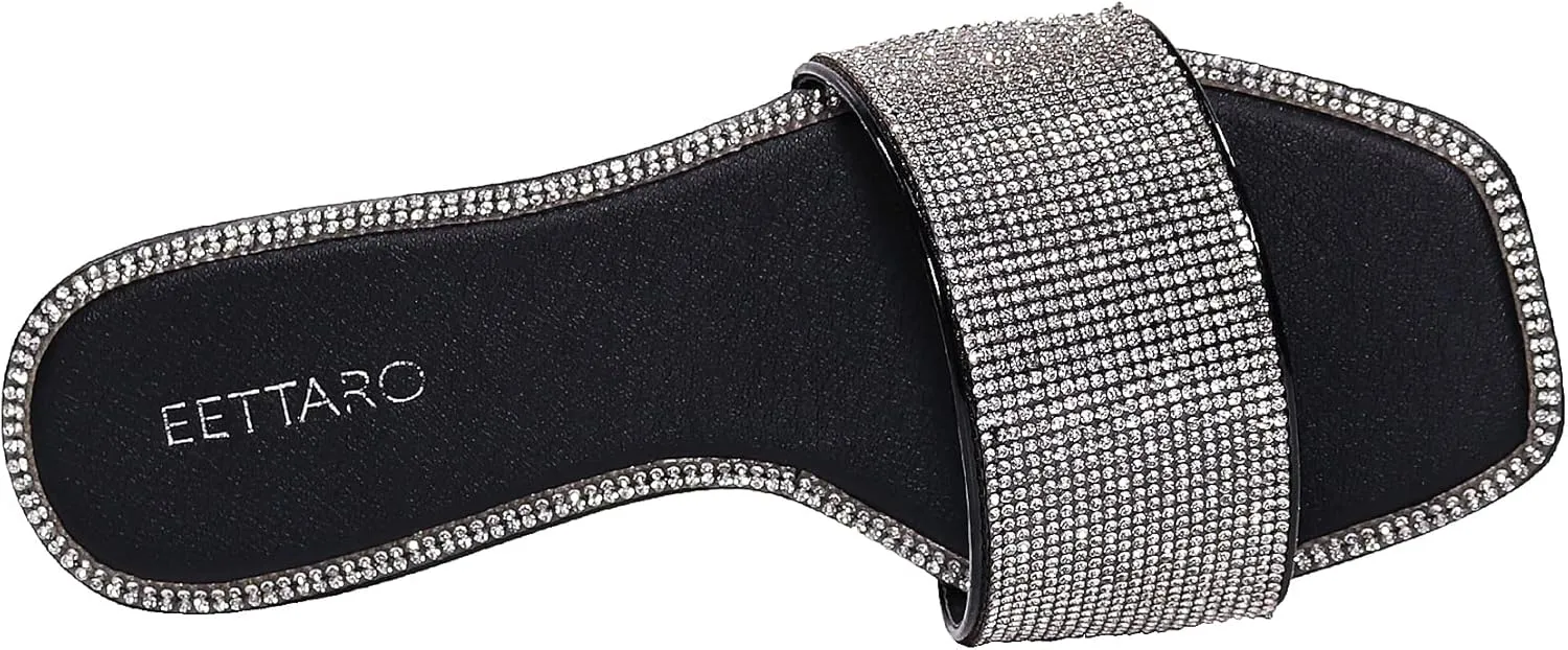 EETTARO Women's Glitter Shiny Slide Sandals Sparkle Fancy Flat Slippers Slip-on Jeweled Shoes