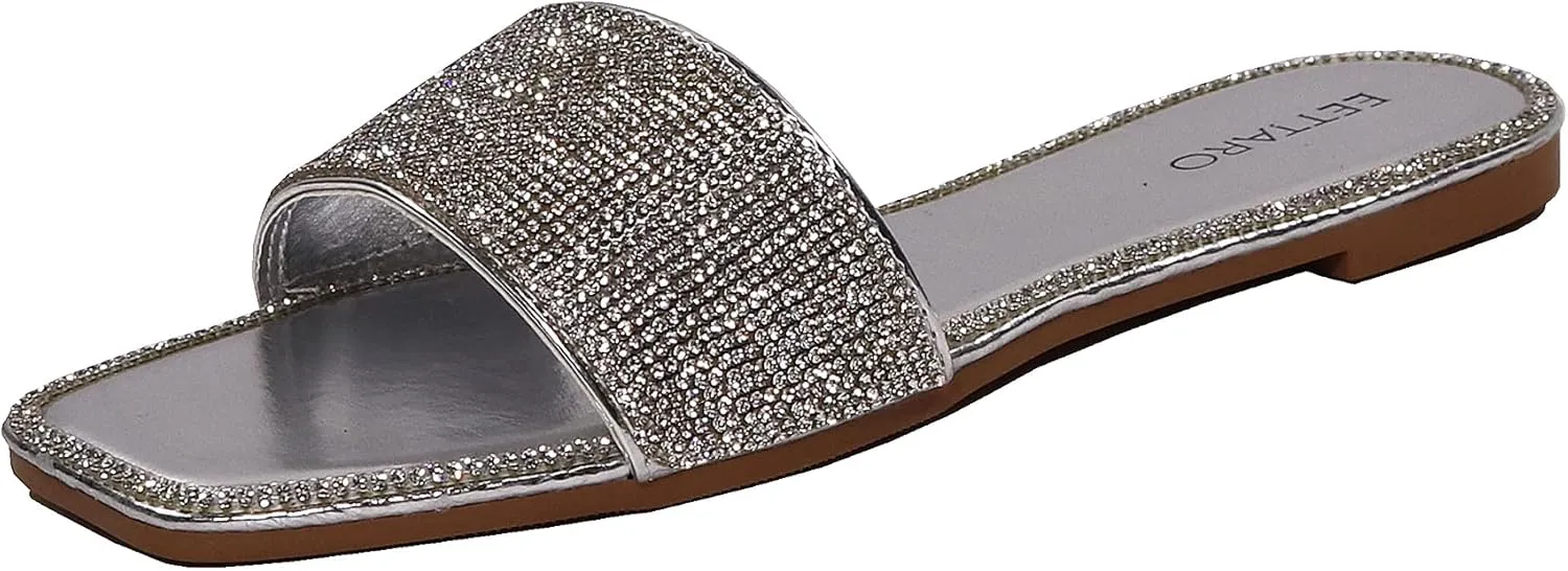 EETTARO Women's Glitter Shiny Slide Sandals Sparkle Fancy Flat Slippers Slip-on Jeweled Shoes