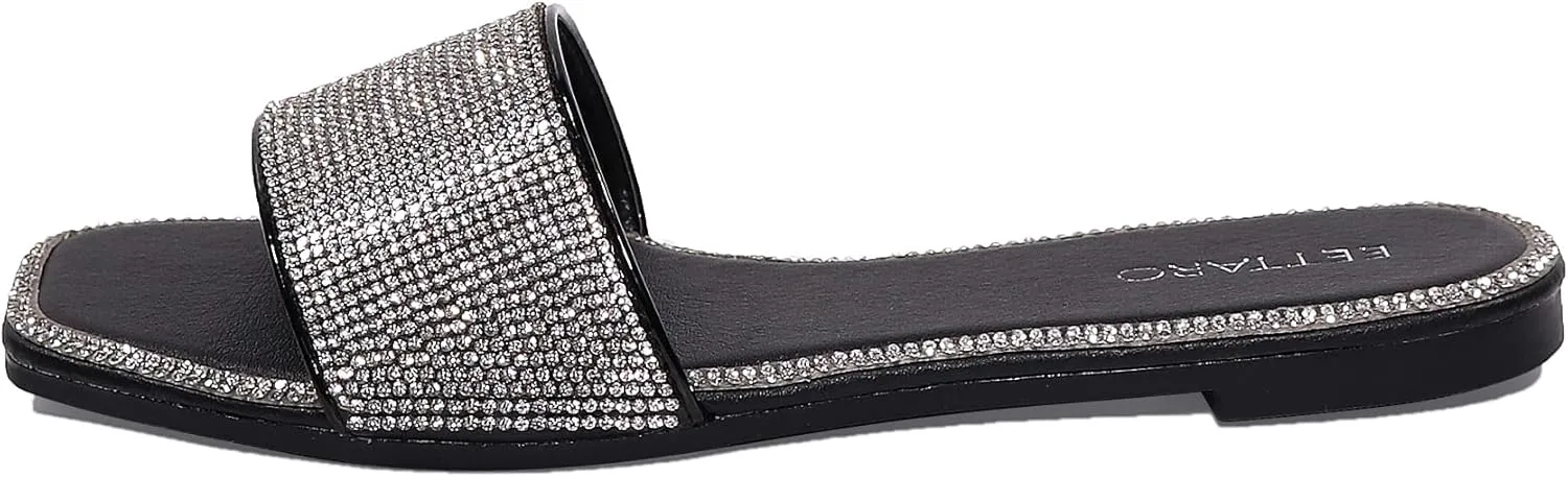 EETTARO Women's Glitter Shiny Slide Sandals Sparkle Fancy Flat Slippers Slip-on Jeweled Shoes