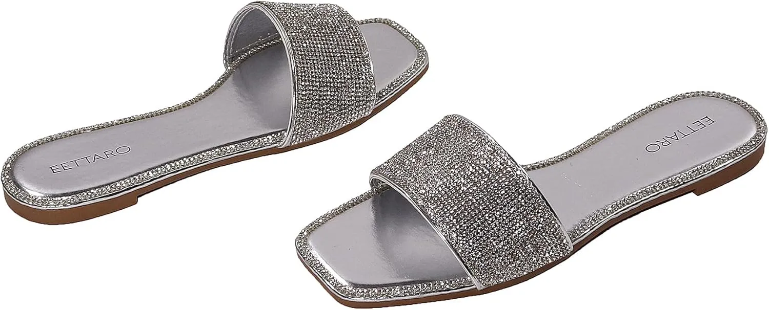 EETTARO Women's Glitter Shiny Slide Sandals Sparkle Fancy Flat Slippers Slip-on Jeweled Shoes