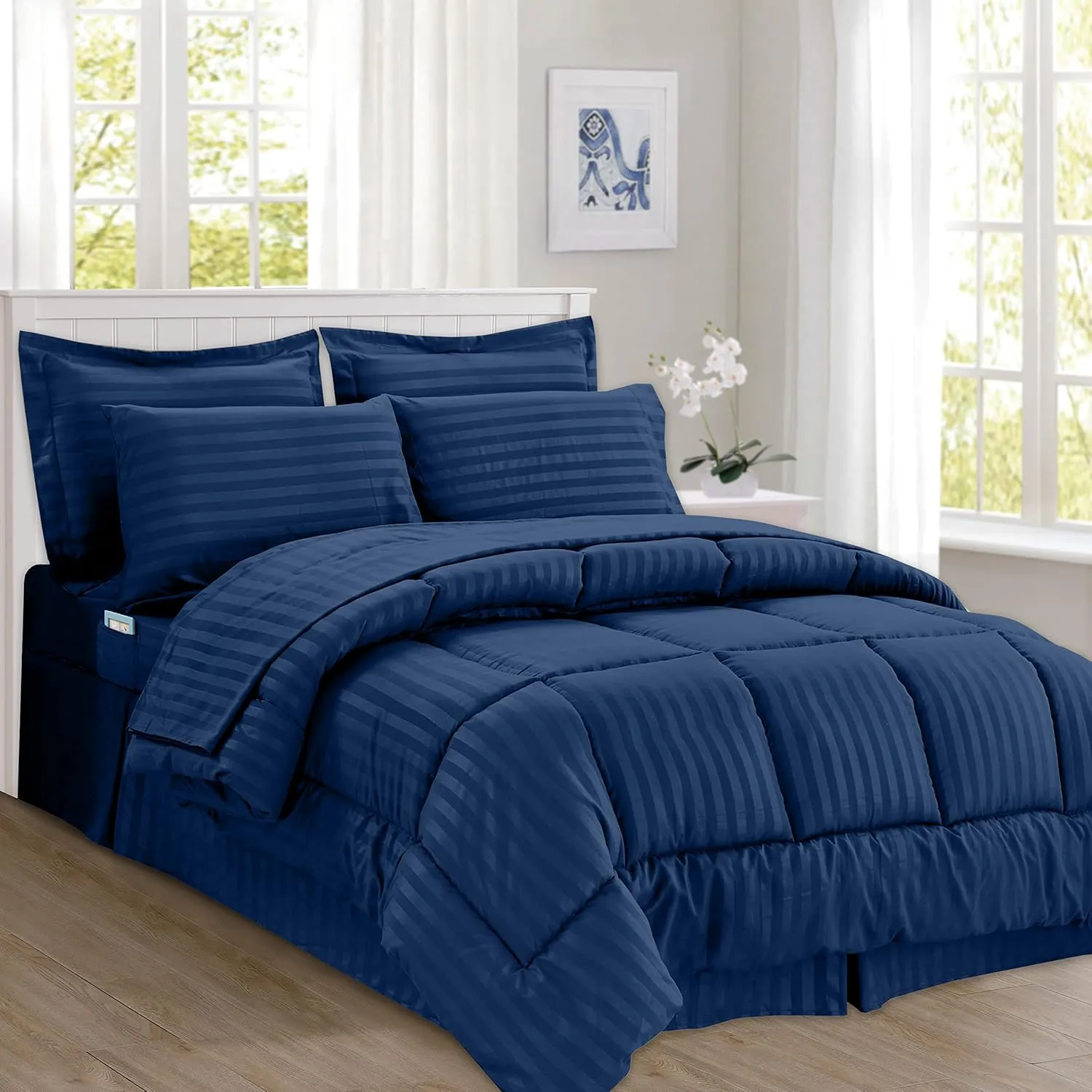 Elegant Comfort Cozy and Soft 8-Piece Bed-in-a-Bag All Season Comforter Set, Includes 4pc Smart Sheet Set, Bed Skirt, Comforter, Matching Pillowcases and Shams, Striped Design, King/Cal King, Navy