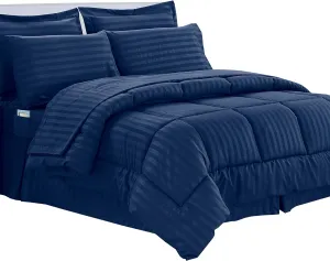 Elegant Comfort Cozy and Soft 8-Piece Bed-in-a-Bag All Season Comforter Set, Includes 4pc Smart Sheet Set, Bed Skirt, Comforter, Matching Pillowcases and Shams, Striped Design, King/Cal King, Navy