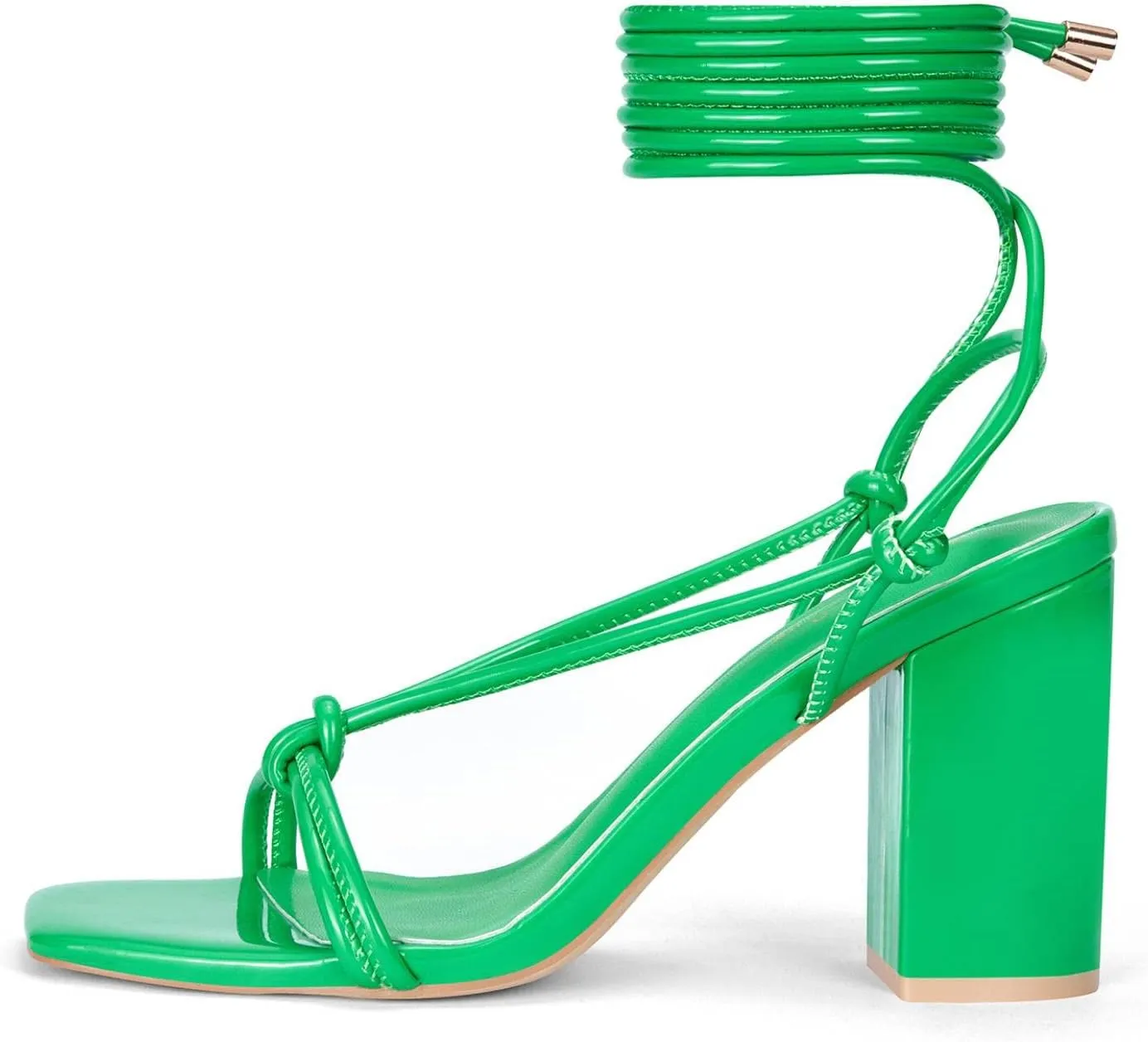 Elisabet Tang Women's Strappy Chunky Heels Sandals, 3 inch Low Block Heels Lace Up Ankle Wrap Heel Square Open Toe Tie Up Heeled Sandals Shoes