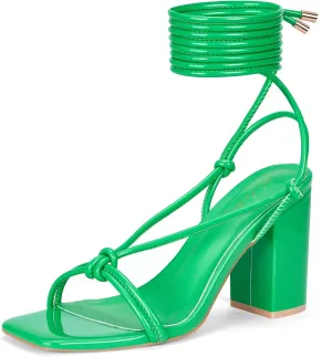 Elisabet Tang Women's Strappy Chunky Heels Sandals, 3 inch Low Block Heels Lace Up Ankle Wrap Heel Square Open Toe Tie Up Heeled Sandals Shoes