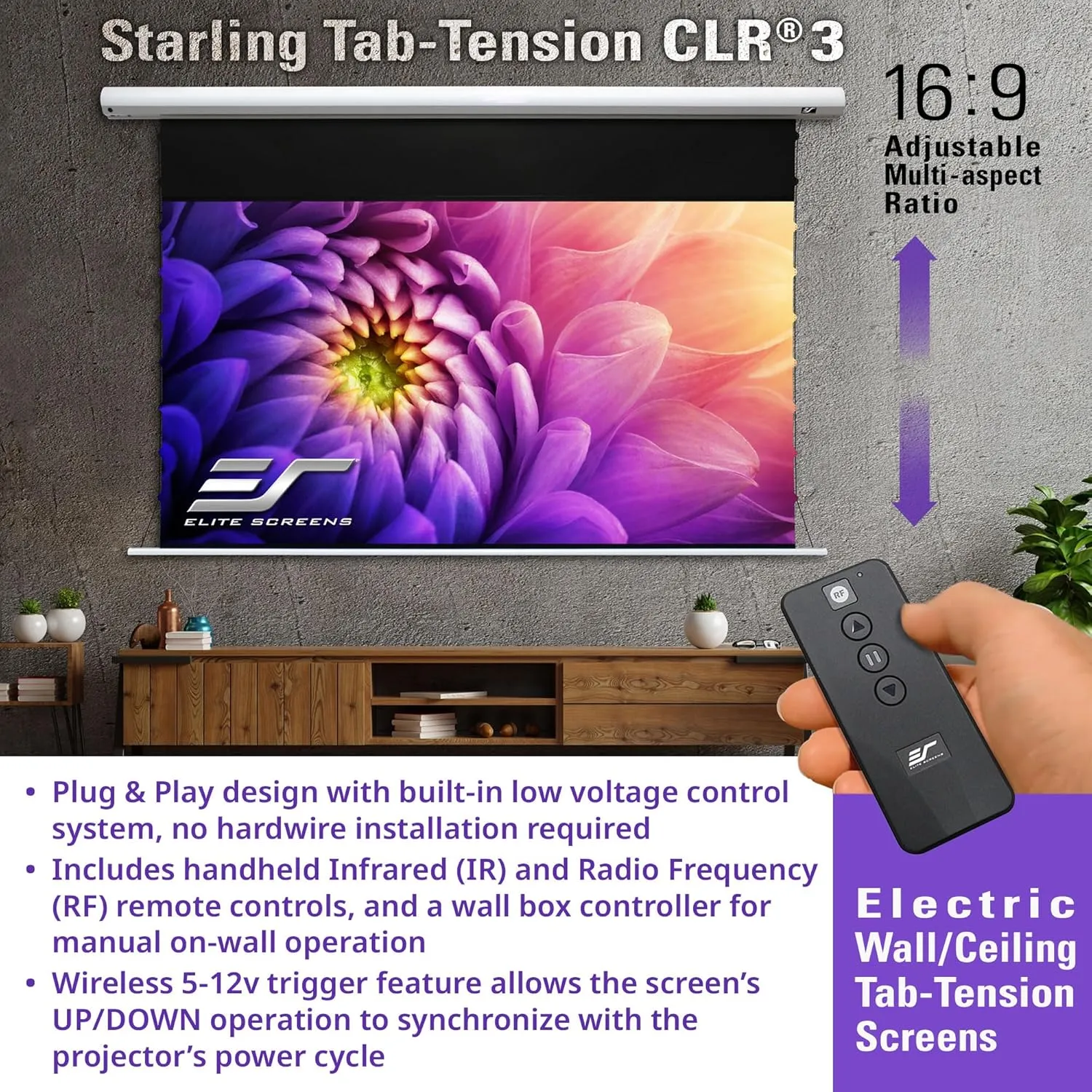 Elite Screens Starling Tab-Tension CLR® 3 Series (2024 Upgraded), 121 INCH Diag.16:9 Ceiling Ambient Light Rejecting (CLR/ALR) Electric Wall/Ceiling Retractable Projector Screen, STT121XH2-CLR3