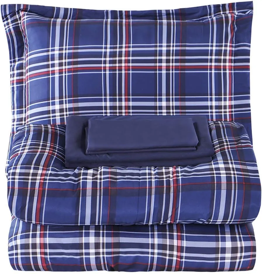 EMME Twin Comforter Set Bed in a Bag Plaid, 5 Piece Navy Blue Bedding Sets Twin Size with Sheets, Twin XL Comforter, Pillowcase&Sham, Soft Down Alternative Bed Set for All Season