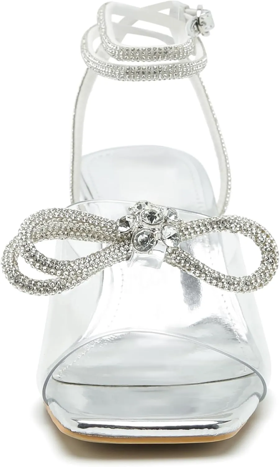 Enelauge Women's Double Bowknot Crystal Sandals Clear Slingback Low Heels Lace Up Square Toe Rhinstone Wedding Party Shoes 6cm