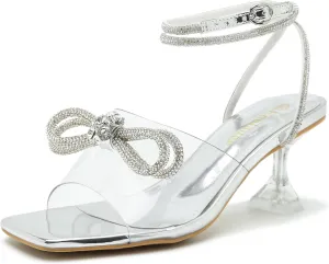 Enelauge Women's Double Bowknot Crystal Sandals Clear Slingback Low Heels Lace Up Square Toe Rhinstone Wedding Party Shoes 6cm