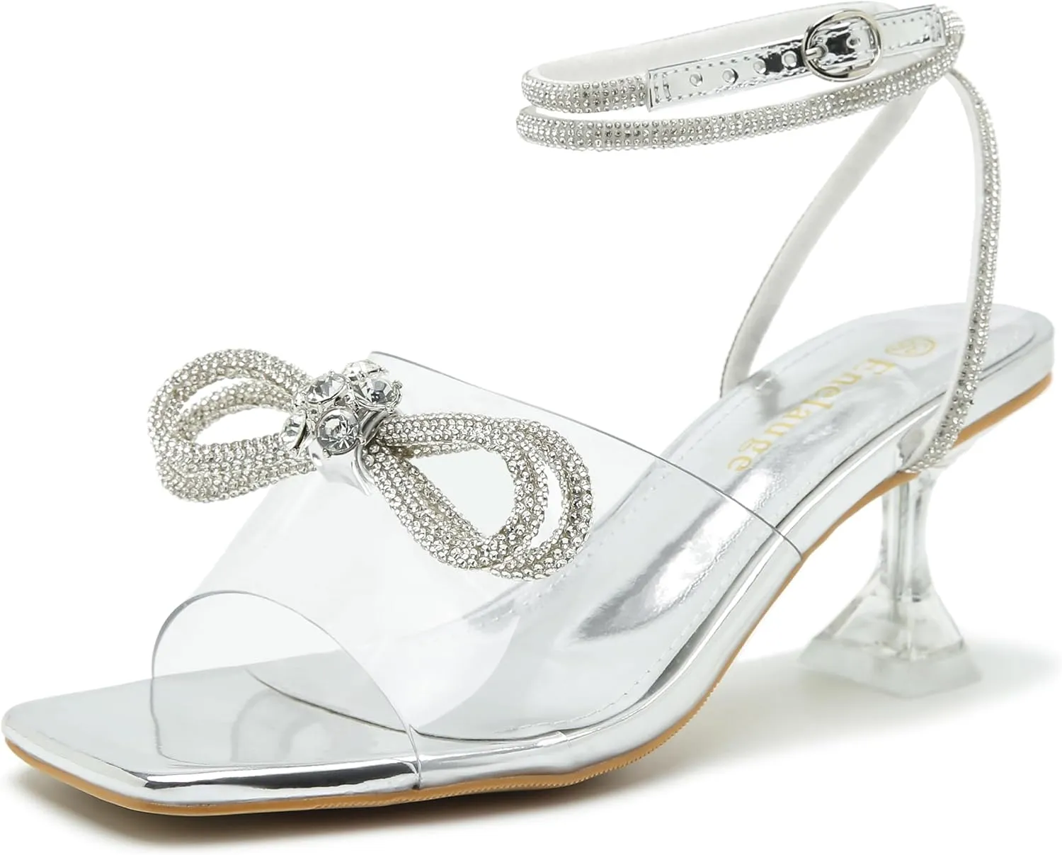 Enelauge Women's Double Bowknot Crystal Sandals Clear Slingback Low Heels Lace Up Square Toe Rhinstone Wedding Party Shoes 6cm