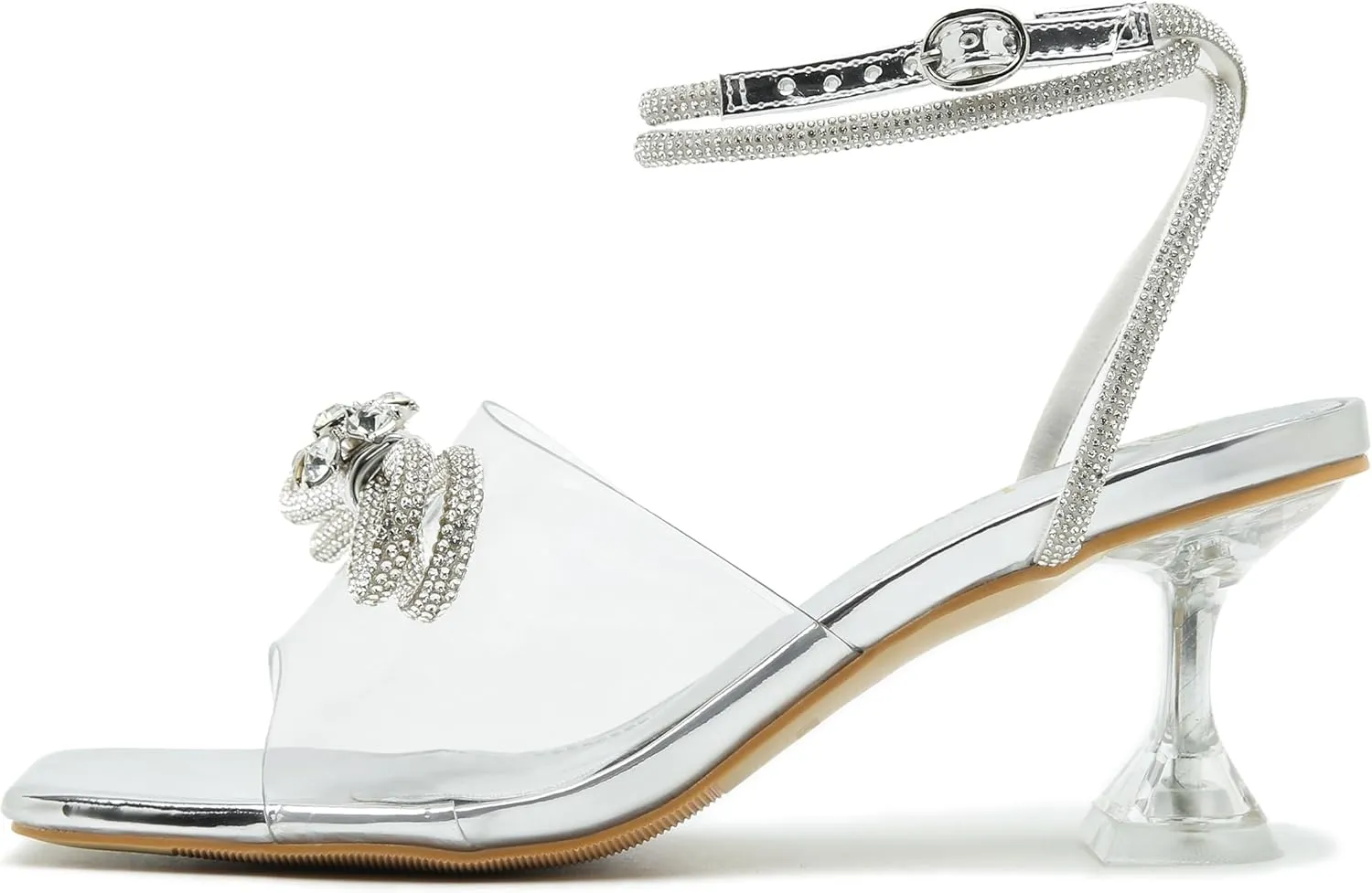 Enelauge Women's Double Bowknot Crystal Sandals Clear Slingback Low Heels Lace Up Square Toe Rhinstone Wedding Party Shoes 6cm