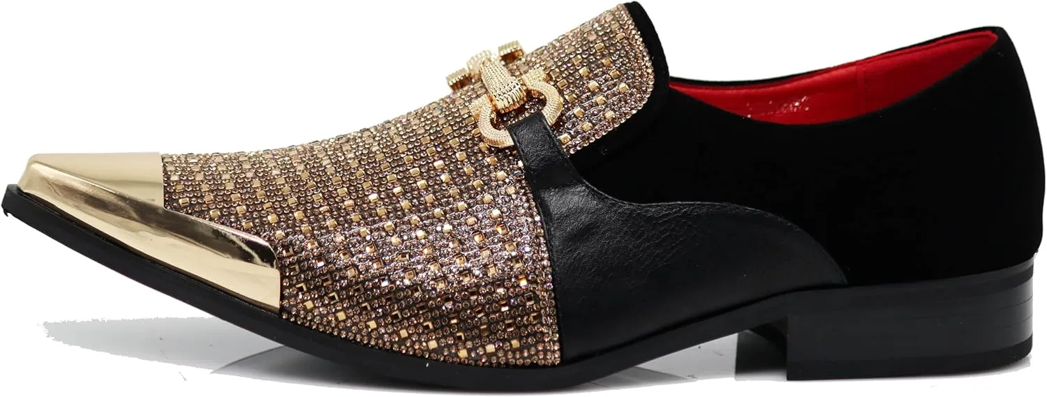 Enzo Romeo Crisino Men Rhinestone Chrome Toe Suede Pointy Buckle Dress Loafer Slip On Shoes