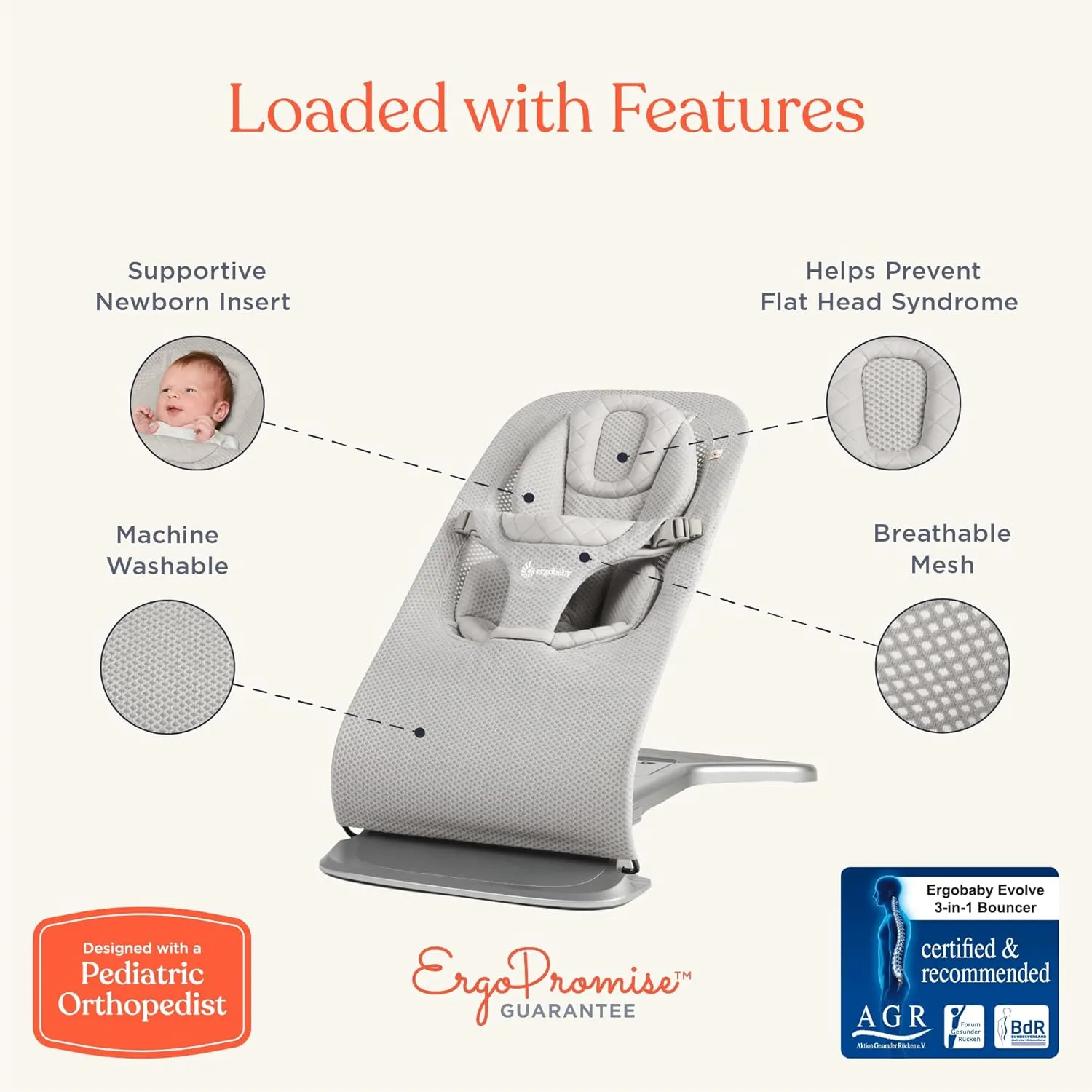 Ergobaby Evolve 3-in-1 Bouncer, Adjustable Multi Position Baby Bouncer Seat, Fits Newborn to Toddler, Camel