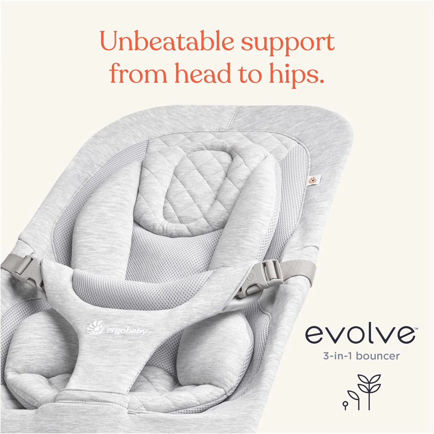 Ergobaby Evolve 3-in-1 Bouncer, Adjustable Multi Position Baby Bouncer Seat, Fits Newborn to Toddler, Light Grey