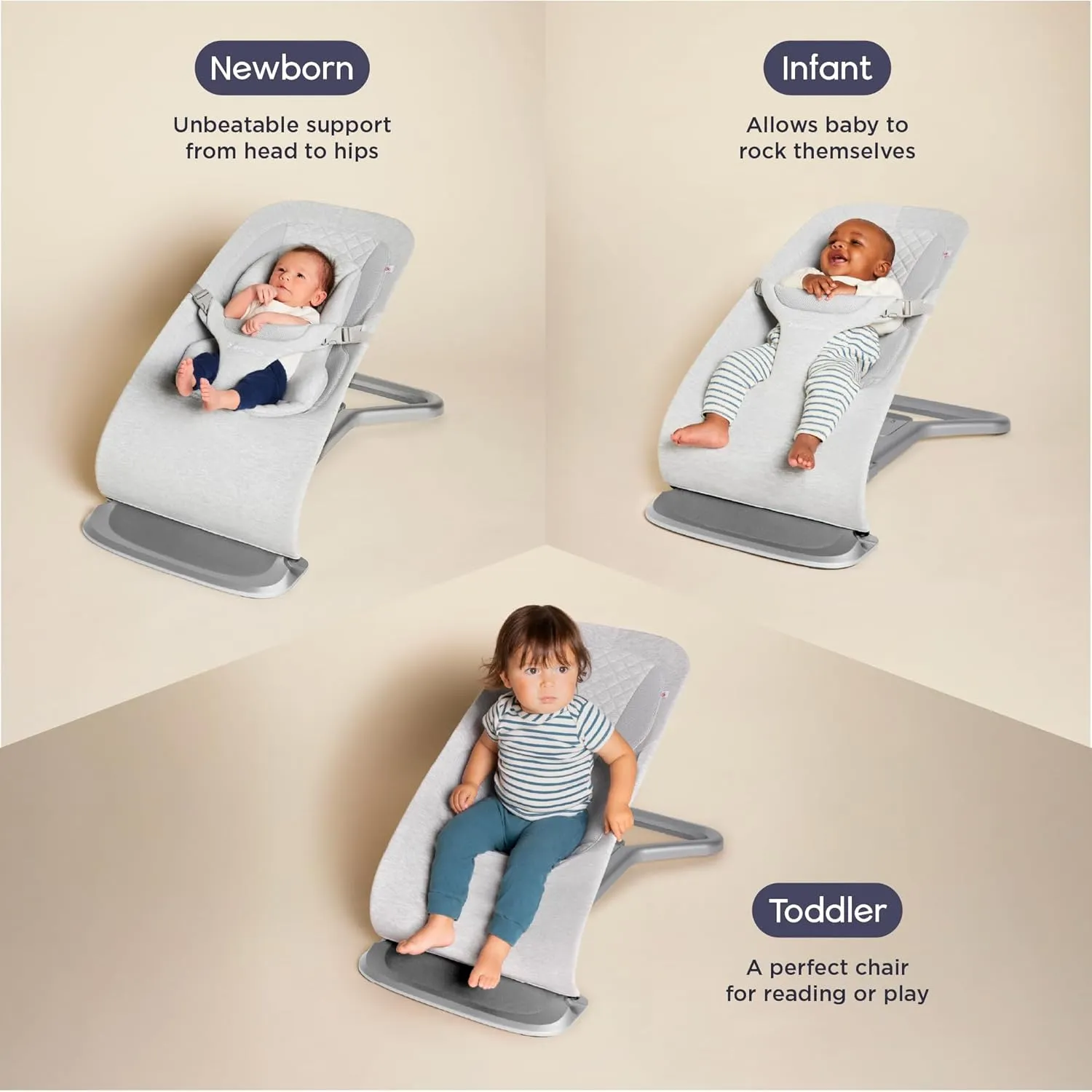 Ergobaby Evolve 3-in-1 Bouncer, Adjustable Multi Position Baby Bouncer Seat, Fits Newborn to Toddler, Light Grey
