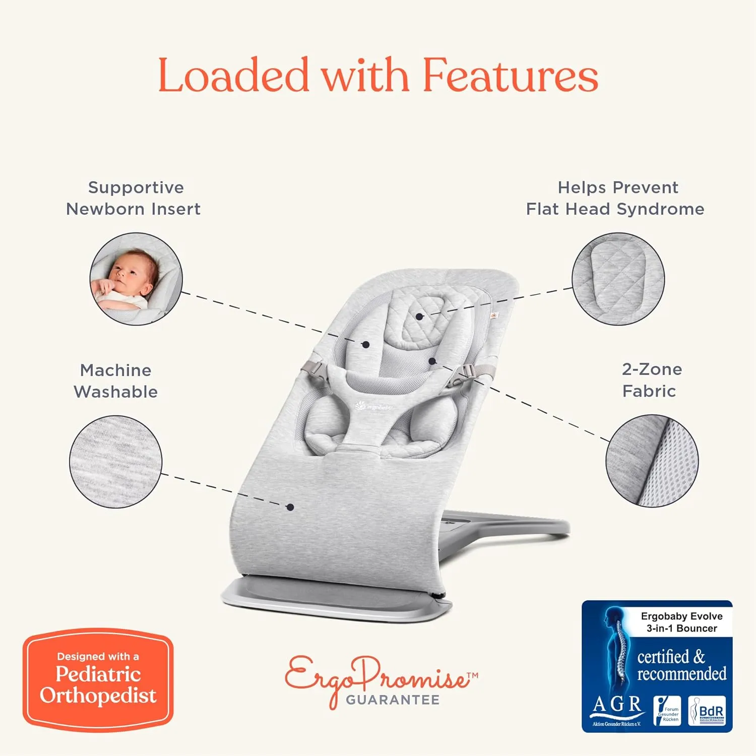 Ergobaby Evolve 3-in-1 Bouncer, Adjustable Multi Position Baby Bouncer Seat, Fits Newborn to Toddler, Light Grey