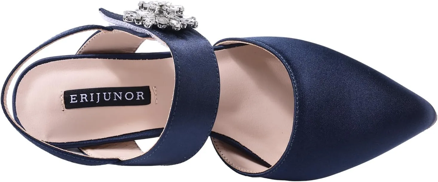 ERIJUNOR Mid Heel Shoes for Women Pointed Toe Slingback Rhinestone Brooch Satin Dress Pumps Evening Prom Wedding Shoes