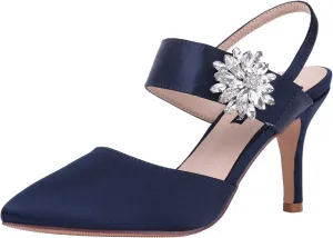 ERIJUNOR Mid Heel Shoes for Women Pointed Toe Slingback Rhinestone Brooch Satin Dress Pumps Evening Prom Wedding Shoes