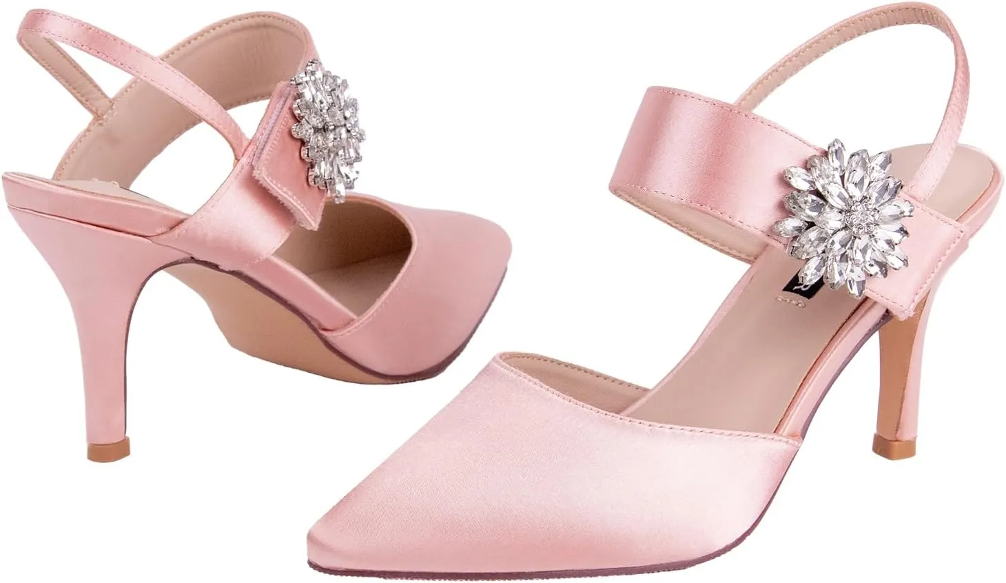 ERIJUNOR Mid Heel Shoes for Women Pointed Toe Slingback Rhinestone Brooch Satin Dress Pumps Evening Prom Wedding Shoes