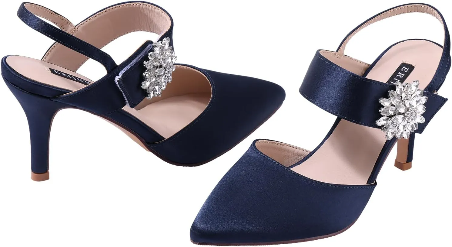 ERIJUNOR Mid Heel Shoes for Women Pointed Toe Slingback Rhinestone Brooch Satin Dress Pumps Evening Prom Wedding Shoes