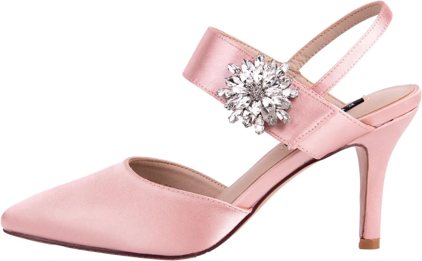 ERIJUNOR Mid Heel Shoes for Women Pointed Toe Slingback Rhinestone Brooch Satin Dress Pumps Evening Prom Wedding Shoes