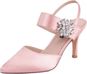 ERIJUNOR Mid Heel Shoes for Women Pointed Toe Slingback Rhinestone Brooch Satin Dress Pumps Evening Prom Wedding Shoes