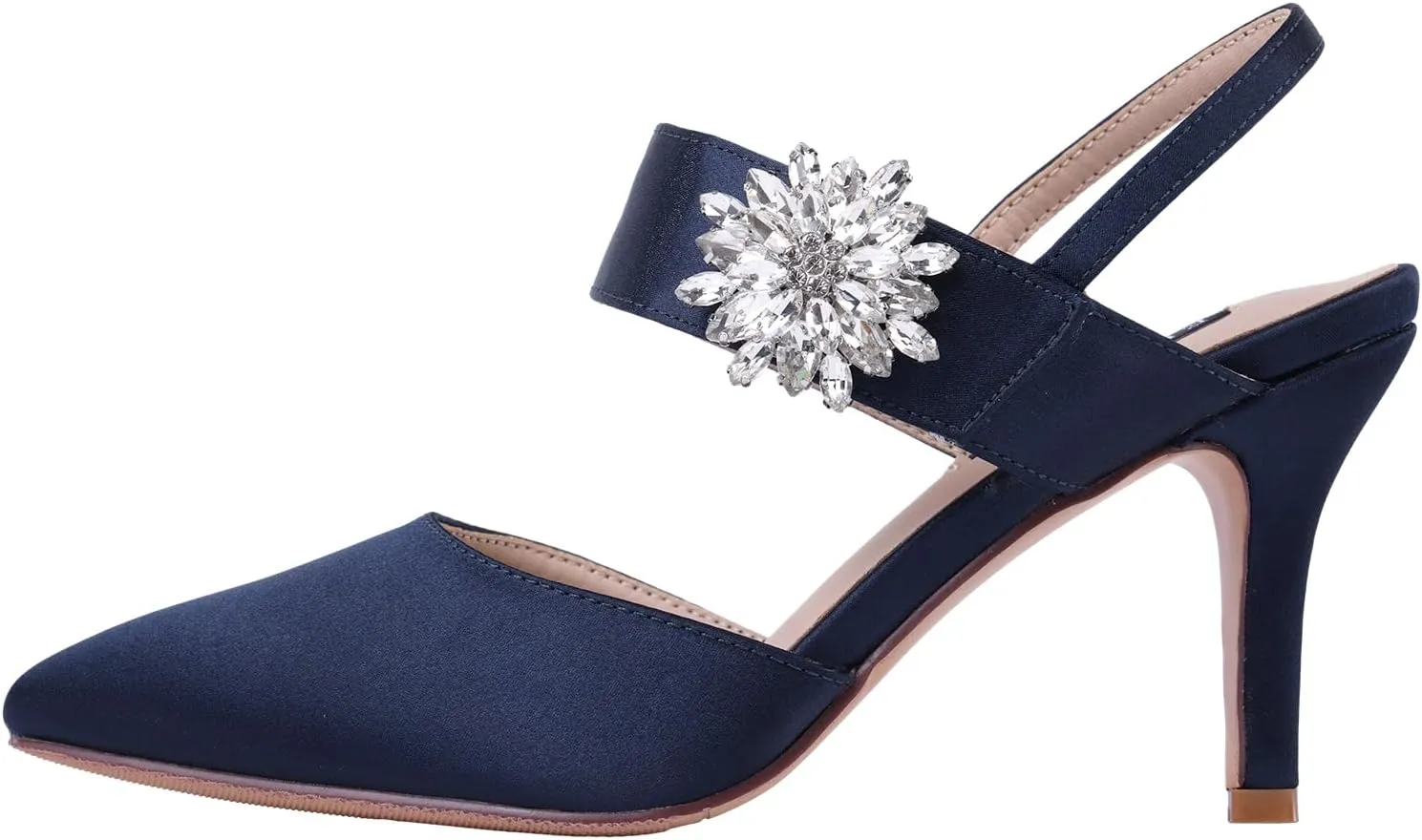 ERIJUNOR Mid Heel Shoes for Women Pointed Toe Slingback Rhinestone Brooch Satin Dress Pumps Evening Prom Wedding Shoes