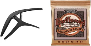 Ernie Ball Axis Dual Radius Capo, Black Satin (P09600) & Earthwood Medium Light Phosphor Bronze Acoustic Guitar Strings, 12-54 Gauge (P02146)