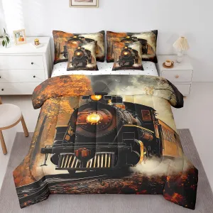 Erosebridal Train Bedding Set Retro Steam Engine Twin Comforter Set 7 Piece Railway Track Transport Bed in A Bag with Sheets for Kids Boys Teen Men,Autumn Fallen Leaves Bed Set