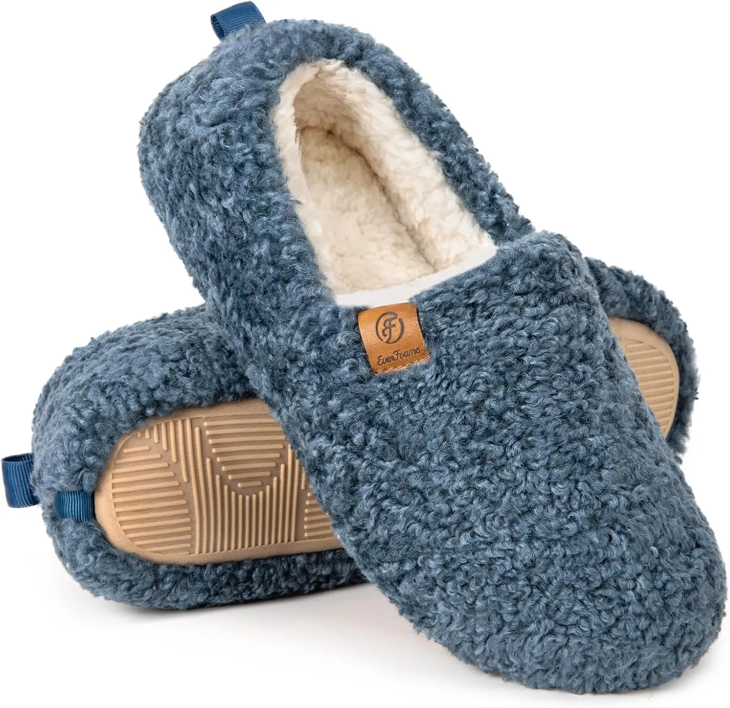 EverFoams Women’s Soft Curly Full Slippers Memory Foam Lightweight House Shoes Cozy Loafer with Polar Fleece Lining