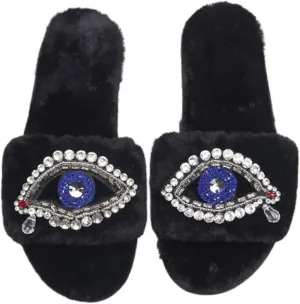 Evil Eye Slippers Women Plush Flat Slippers Tears on Slides Fashion Fuzzy Plush Slides Flip Flop Indoor Bedroom Shoes