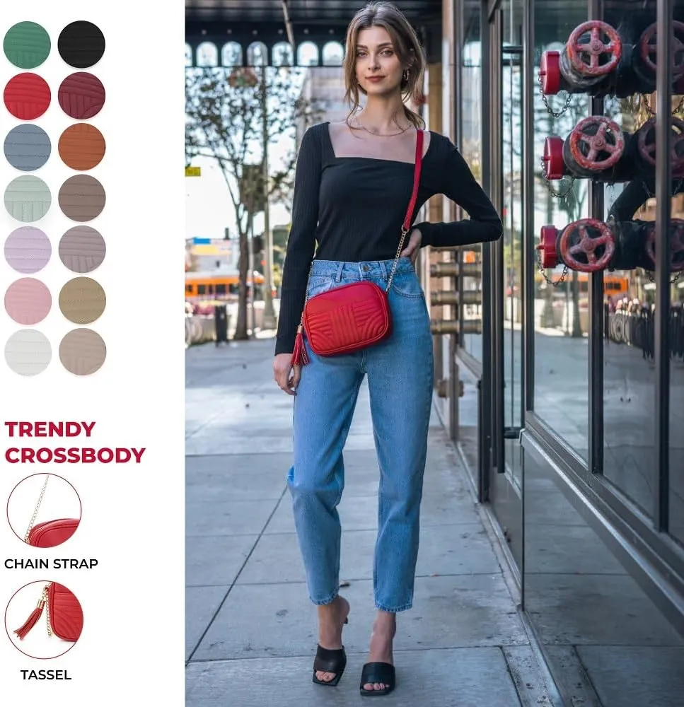 EVVE Quilted Crossbody Bags for Women - Stylish Camera Bag with Tassel - Lightweight Medium Size Shoulder Purse