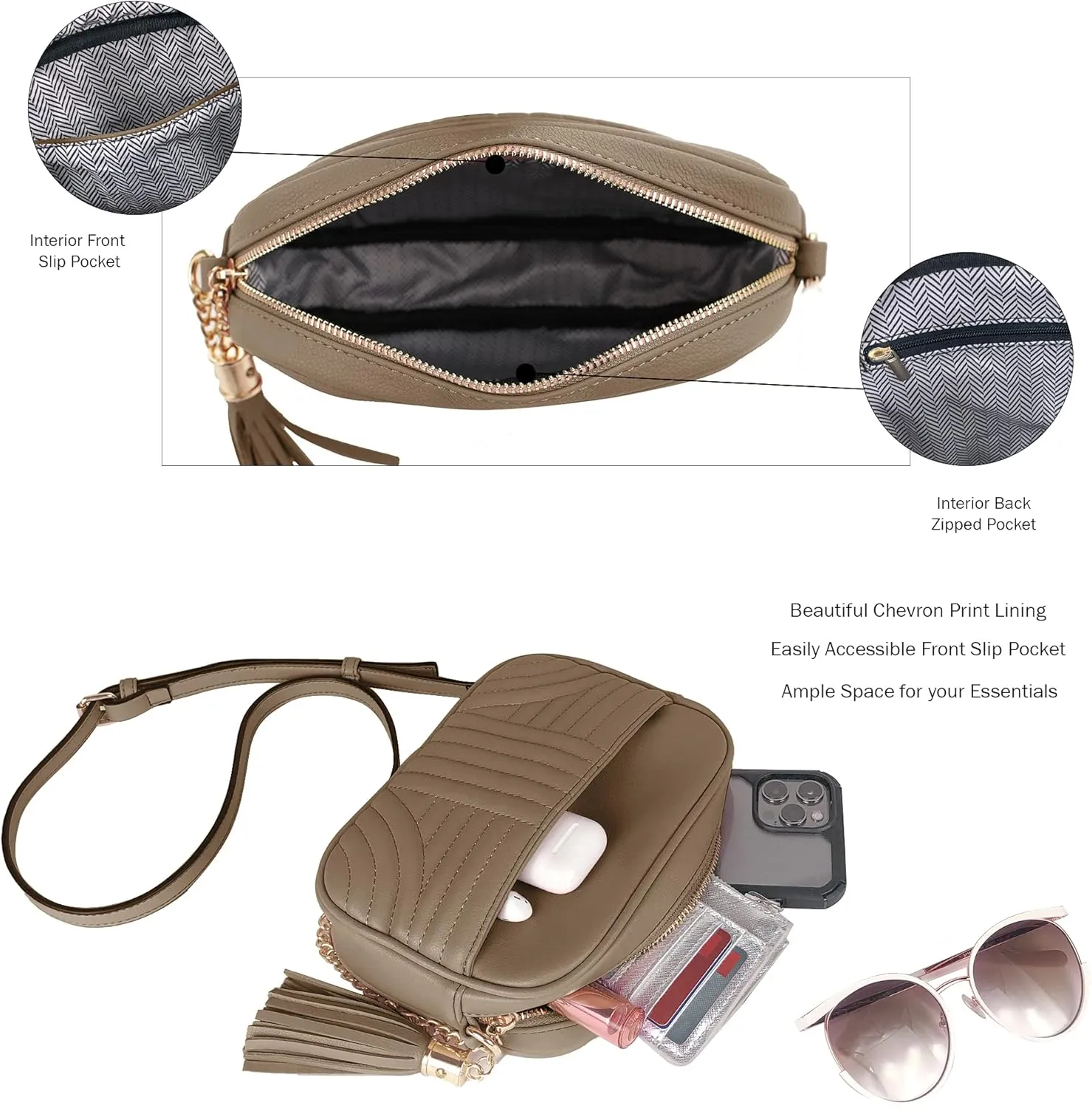 EVVE Quilted Crossbody Bags for Women - Stylish Camera Bag with Tassel - Lightweight Medium Size Shoulder Purse