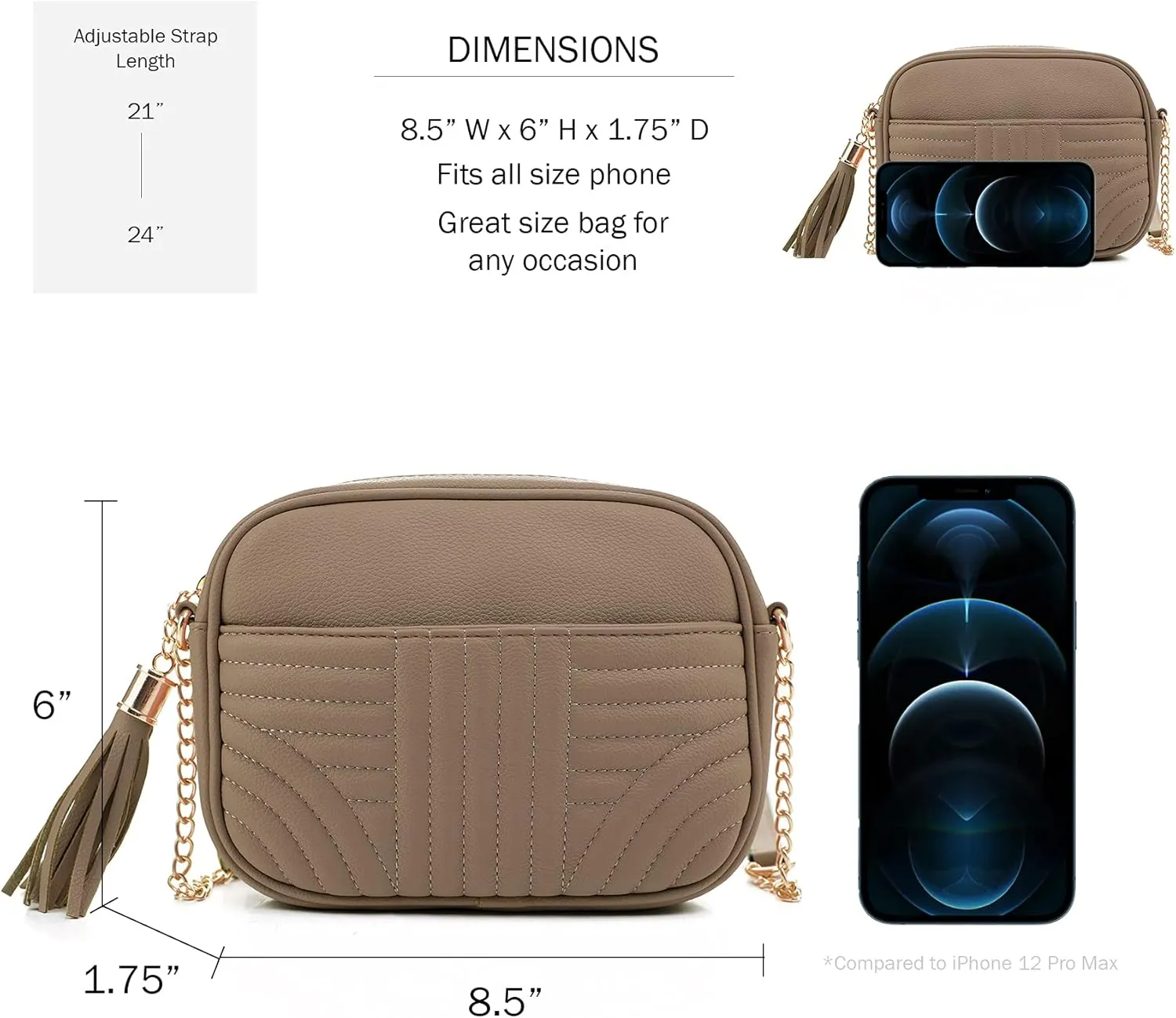 EVVE Quilted Crossbody Bags for Women - Stylish Camera Bag with Tassel - Lightweight Medium Size Shoulder Purse