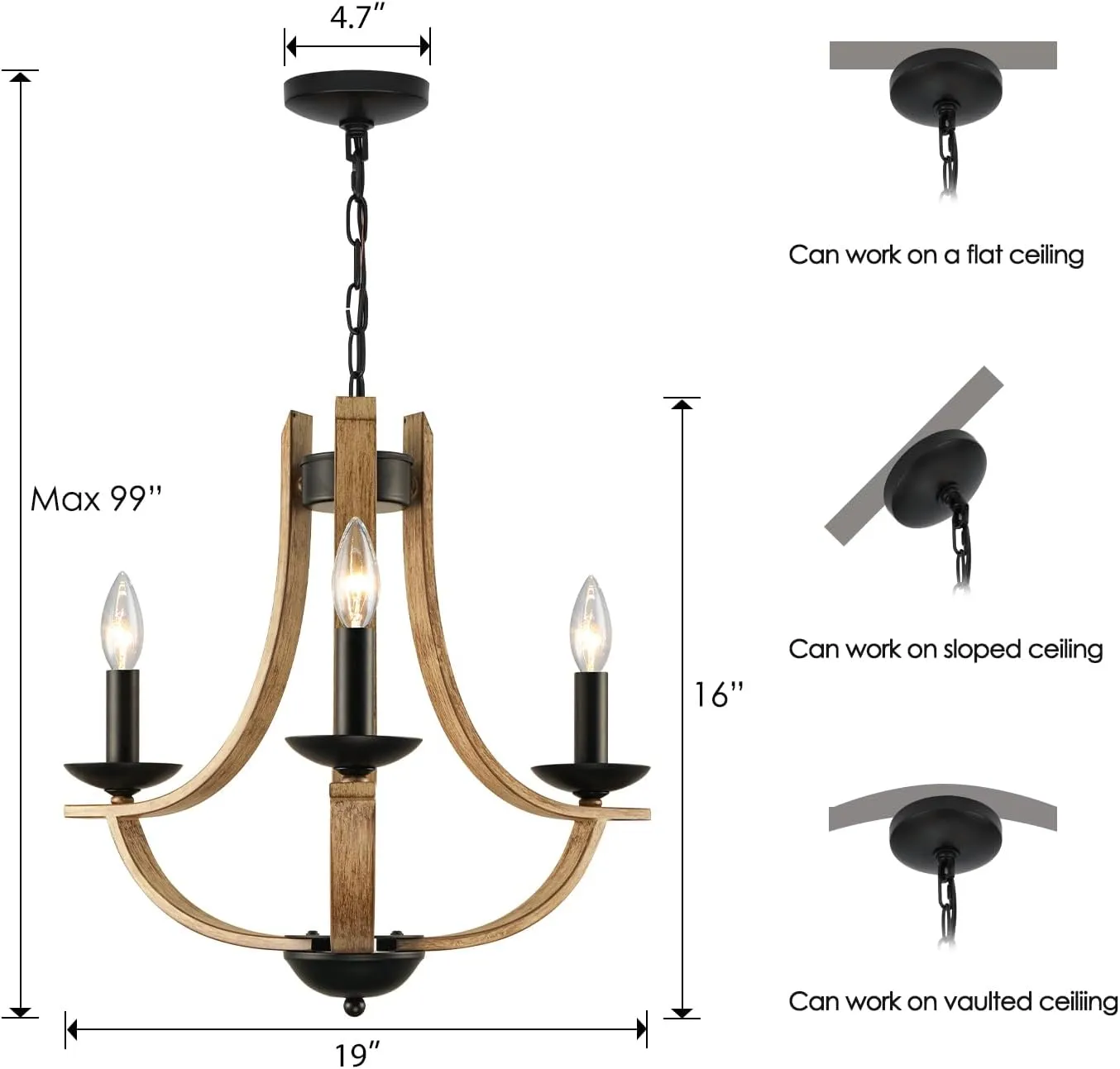 Farmhouse Chandelier for Dining Room 3-Light 19" Wide Adjustable Kitchen Island Pendant Lighting, Rustic Hanging Light Fixture for Entryway Foyer Bedroom Living Room,
