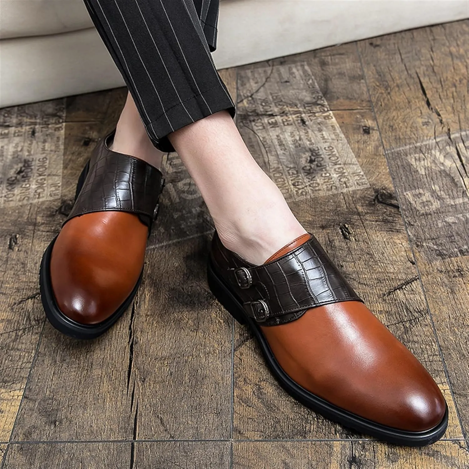 Fashion Buckle Slip-on Loafer Crocodile Print Round Burnished Toe PU Leather Anti-Slip Block Heel Dress Shoes