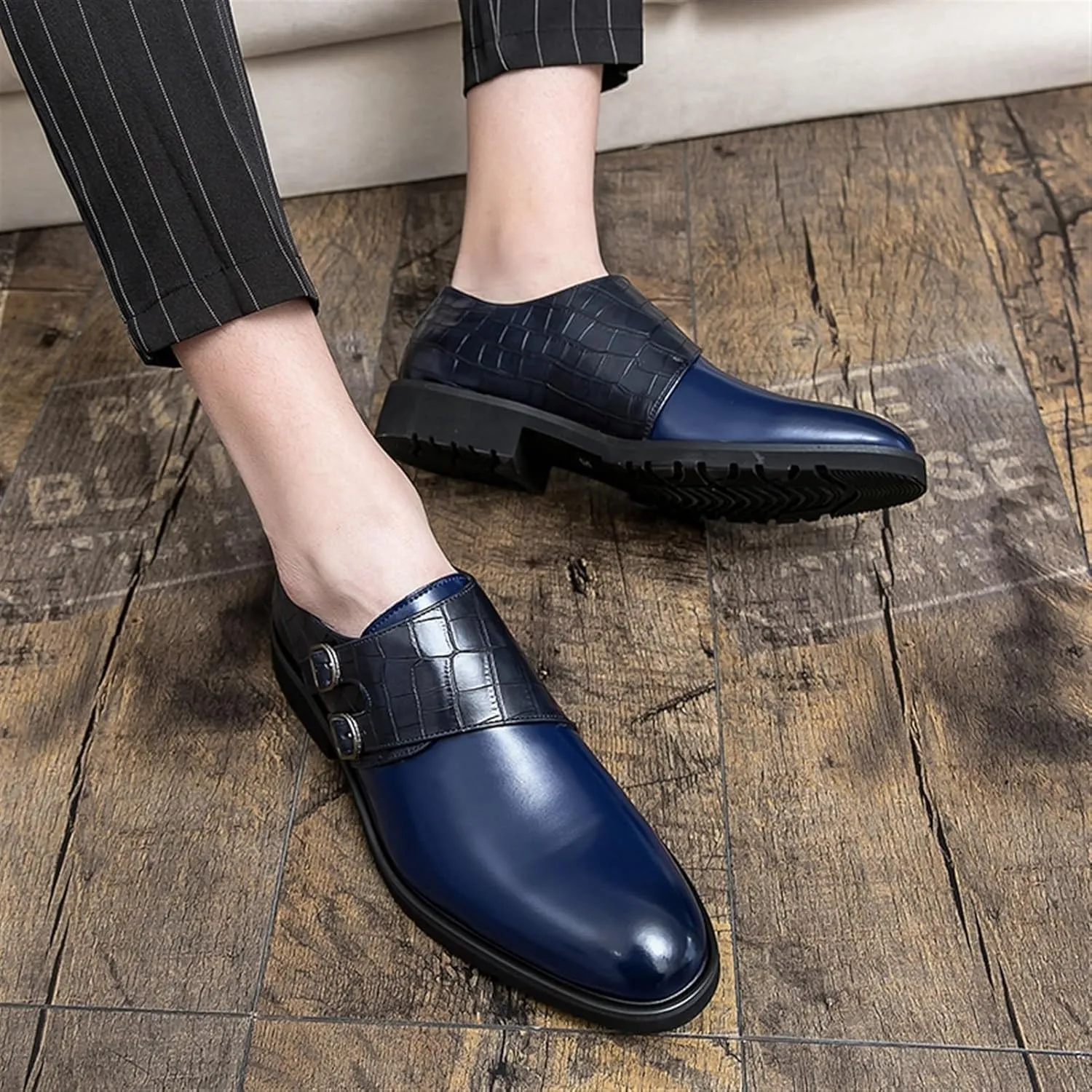 Fashion Buckle Slip-on Loafer Crocodile Print Round Burnished Toe PU Leather Anti-Slip Block Heel Dress Shoes